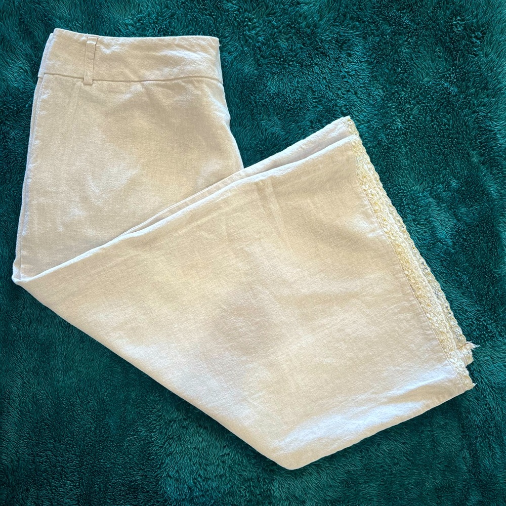 Fresh + Wear Linen Blend Pant Wide Leg Crop With Lace Hems
